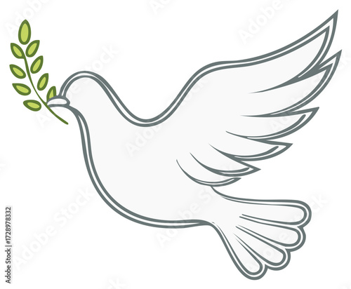 Stylized white dove in flight with green olive branch symbolizing peace and hope