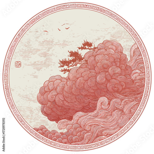 Round Asian art sky, clouds, waves, tree in red
