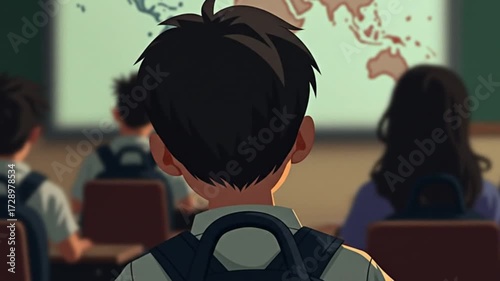 Young student sitting in classroom watching presentation on map  