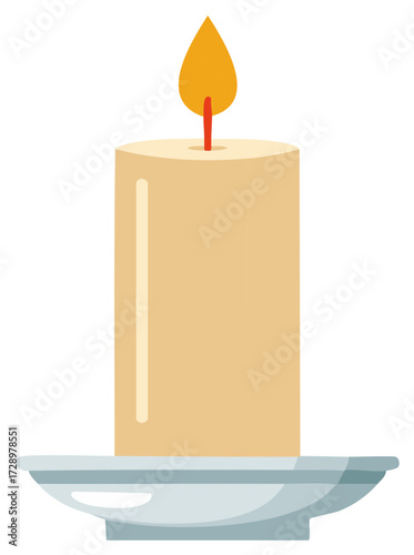 Close up of a burning candle on a simple plate with a warm orange flame and a cream colored cylinder