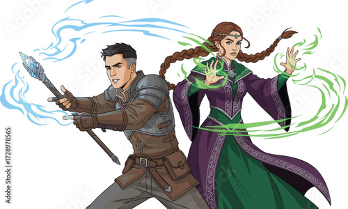 Fantasy warrior and sorceress, magical battle scene, medieval adventure illustration, powerful mage and knight, magic energy fight, epic fantasy characters, roleplay