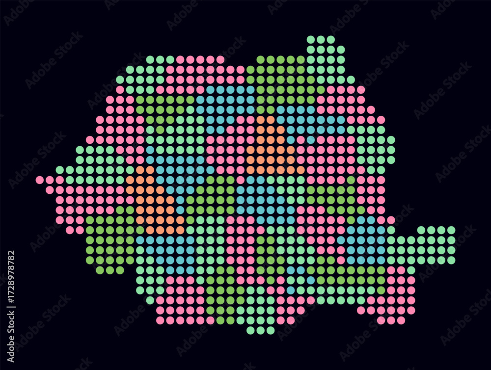 Fototapeta premium Romania dotted map. Digital style map of the country on dark background. Romania shape with circle dots. Colored dots style. Large size circles. Artistic vector illustration.