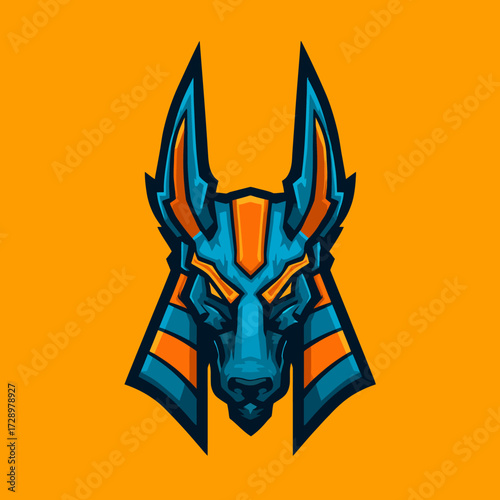 A stylized illustration of a jackal-headed figure, colored in blue and orange against a yellow-orange background