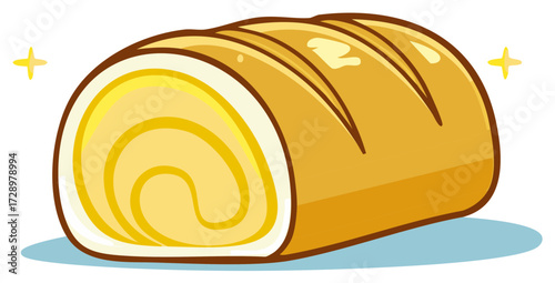 Cartoon style swiss roll cake with creamy filling and star elements