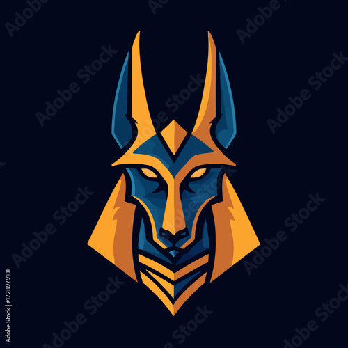 Stylized illustration of a jackal-headed figure with sharp features in blue and gold