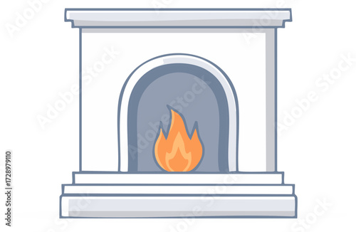 Cartoon illustration of a classic white fireplace with a warm, cozy fire burning inside a home interior