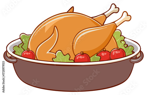 A delicious roasted whole turkey served in a brown roasting pan with apples and lettuce garnish