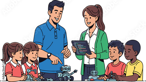 Children learning robotics in classroom, teacher guiding kids with tablet, STEM education, teamwork, innovation, technology skills, science project, creative learning