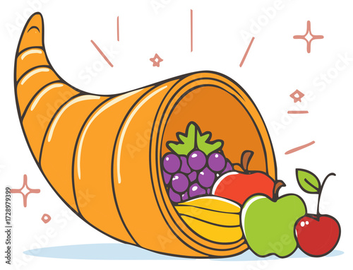 Colorful illustration of a cornucopia filled with various fruits