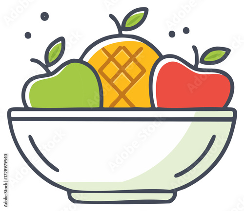 Stylized Fruit Bowl Icon Featuring Apple Pineapple Pear in White Bowl with Black Outline Dots Illustration