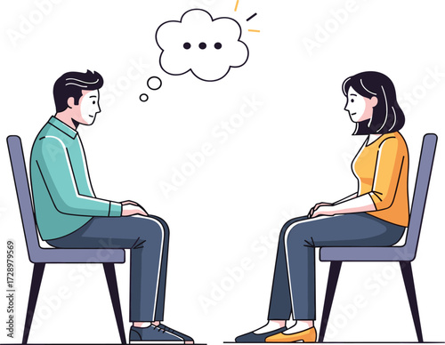 Man and woman sitting face to face, thoughtful conversation, communication concept, relationship discussion, idea sharing, dialogue illustration, interpersonal connection, talking