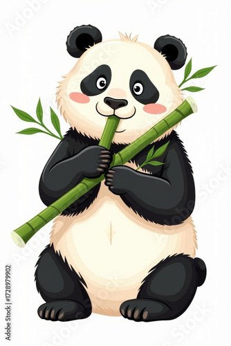 A cute panda bear sits and eats bamboo, enjoying its meal, with green leaves.