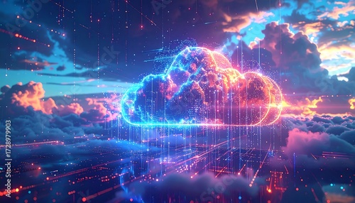 Digital cloud concept rendered with neon highlights and particle effects, set against a vibrant sunset sky