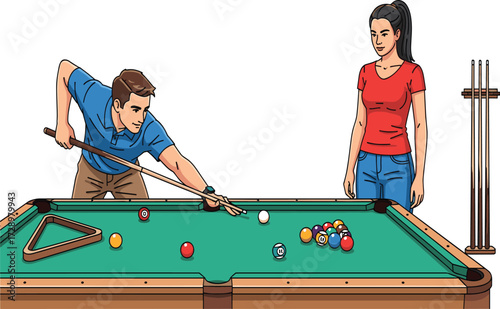 Couple playing billiards together, man taking shot on pool table, woman watching game, indoor leisure activity, sports recreation, fun competition, teamwork
