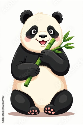 A charming illustration of a panda bear happily munching on a stalk of bamboo.