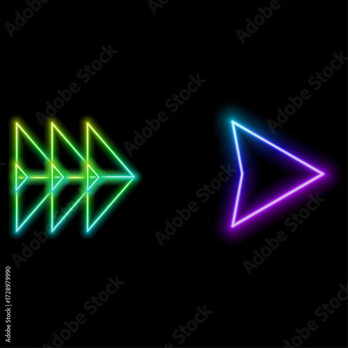 Neon left growing arrow icon. Neon blue arrow sign and symbol. 3d rendering. Neon business arrow sign on black background. Up trend arrow graph.