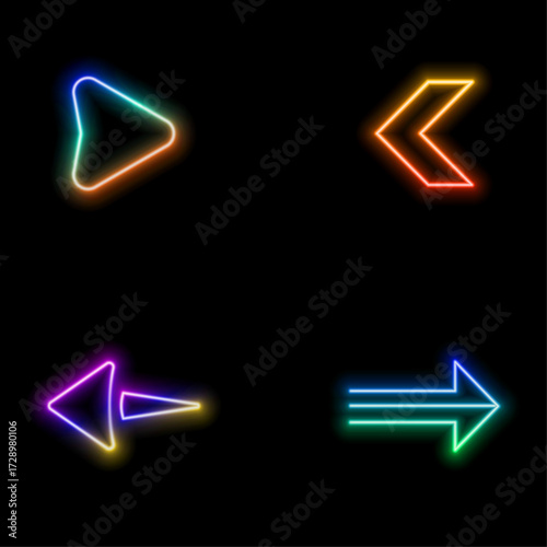 neon style arrows icon pack. vector thin line comparison, up right arrow, transfer, neon double arrow, undo, bottom right, upload, enlarge icons suitable for apps and websites