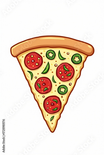 A single slice of pizza with pepperoni and jalapeños, isolated on white.