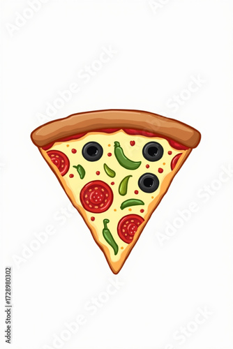 A single slice of pizza, featuring toppings like olives, tomatoes, and peppers, illustrated against a white background.