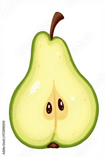 A vibrant illustration of a halved pear, showcasing its juicy interior and stem.