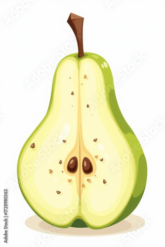 Illustration of a halved green pear, revealing its seeds and core, against a white background.