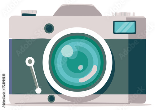 Retro Camera Illustration Teal Lens and Light Gray Body with White Border Vintage Photography