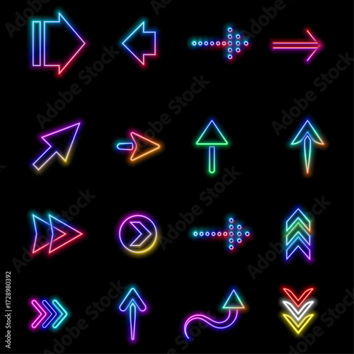neon style.Neon arrows symbol vector icon collection. Use for previous and next navigation.