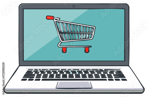 Digital shopping cart on a laptop display symbolizing internet commerce and online retail convenience