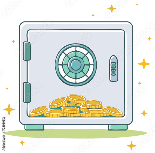 Secure vault overflowing with golden coins illustration with sparkling stars