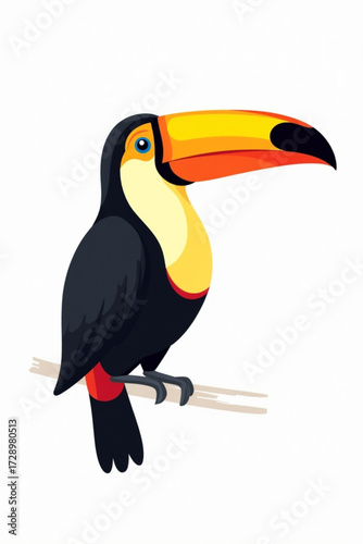 A colorful toucan bird perched on a branch, showcasing its vibrant beak and plumage.