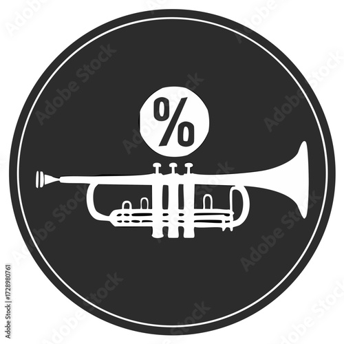 Black and white icon with a trumpet silhouette and percentage sign for music sales and discounts