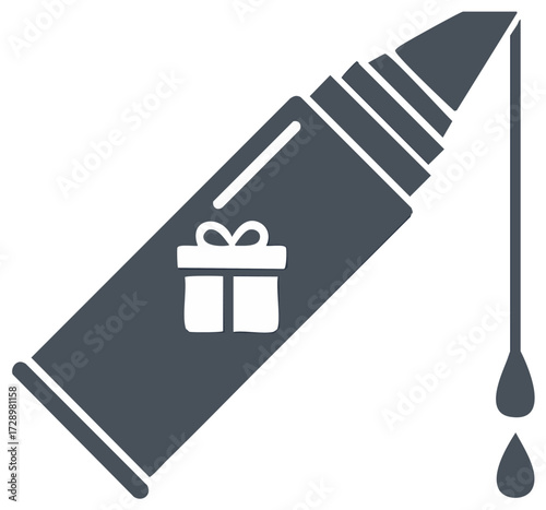 Modern graphic illustration of a dispenser tube with gift box and two dripping liquid drops