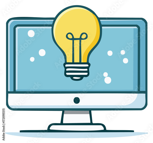Computer screen displaying a bright yellow idea lightbulb with bubbles on the display