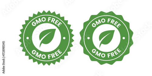 GMO free icon set. Non GMO label. No added or artificial chemicals logo, label, badge, sticker, symbol, emblem, stamp, line, vector, isolated illustration. GMO free label for product packaging design.