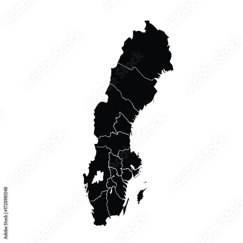 Vector illustration of black silhouette map of sweden with administrative divisions