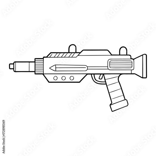 A sleek futuristic weapon gun coloring page, featuring high-tech details, glowing accents, and sci-fi design elements ready for bold, creative coloring fun.
