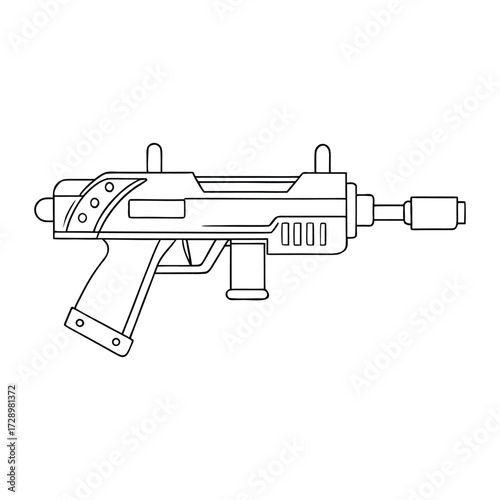 A sleek futuristic weapon gun coloring page, featuring high-tech details, glowing accents, and sci-fi design elements ready for bold, creative coloring fun.
