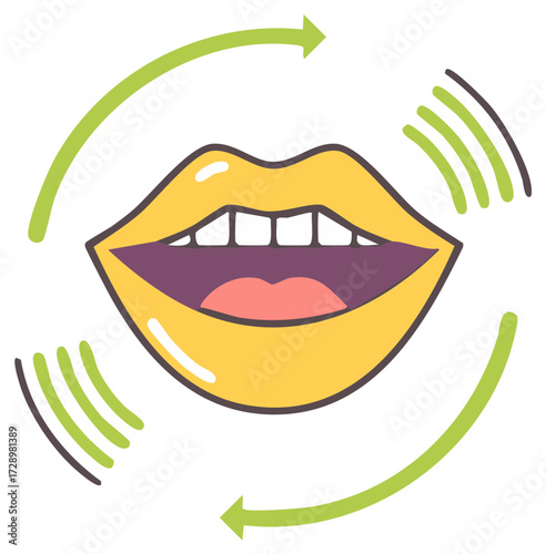 Stylized open mouth with cyclical arrows and sound waves representing speech and vocalization