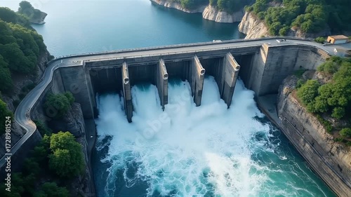 Aerial View of Concrete Dam with Flowing Spillways in Mountain Landscape