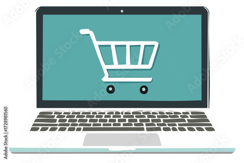 Illustration of a laptop computer with a shopping cart icon for an online shopping and ecommerce concept