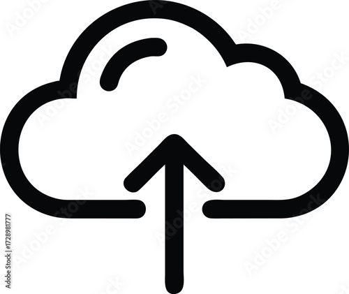 A black cloud icon with an upward arrow, symbolizing cloud storage and data upload. This image suggests connectivity and the digital age