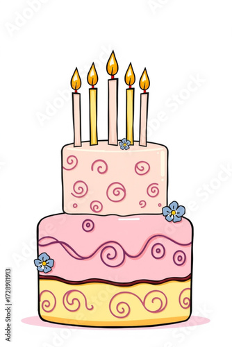 A two-tiered birthday cake with lit candles and decorative swirls, ready for celebration.