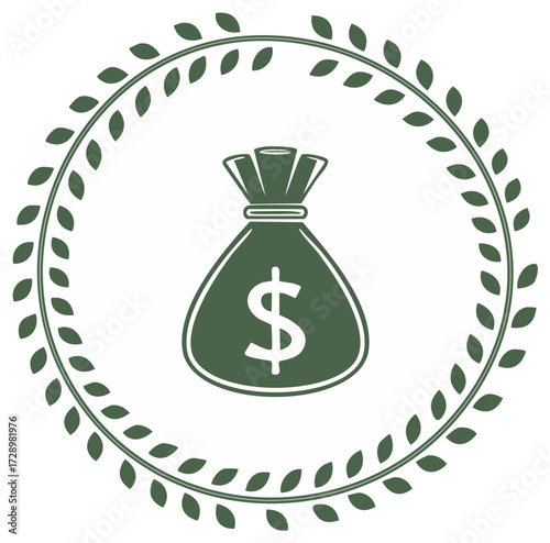Money Bag with Dollar Sign and Leaf Wreath for Financial Wellbeing and Success