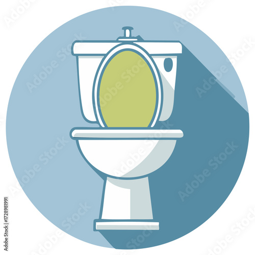 Toilet bowl illustration with open seat on blue circular background for bathroom or restroom concepts