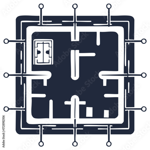 Abstract microchip schematic featuring interconnected components and intricate wiring design in dark monotone illustration art