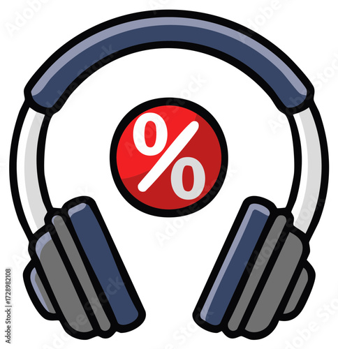 Music sale and audio discount concept with headphones and percent symbol illustration