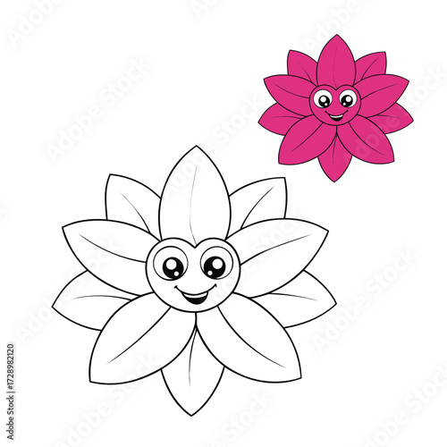 A charming coloring page featuring a large magenta flower with bold petals and leafy accents, offering plenty of open spaces for shading, creativity, and relaxing coloring fun.