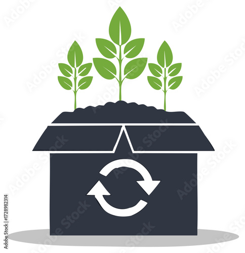 Green sprouts emerging from a dark recycling box filled with soil