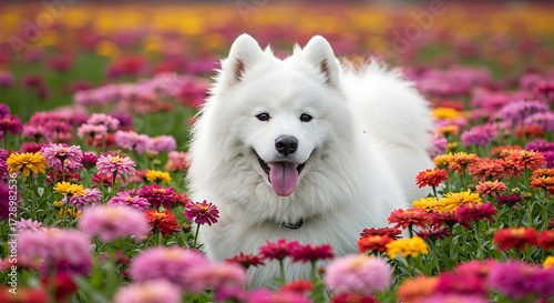 Fluffy white dog in a vibrant flower field summer nature scene