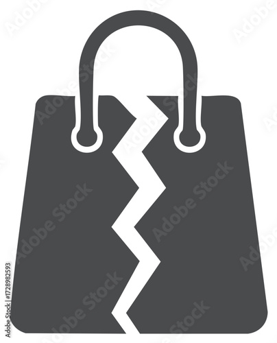 Dark gray shopping bag icon split by a white zig zag crack symbolizing retail failure and economic problems